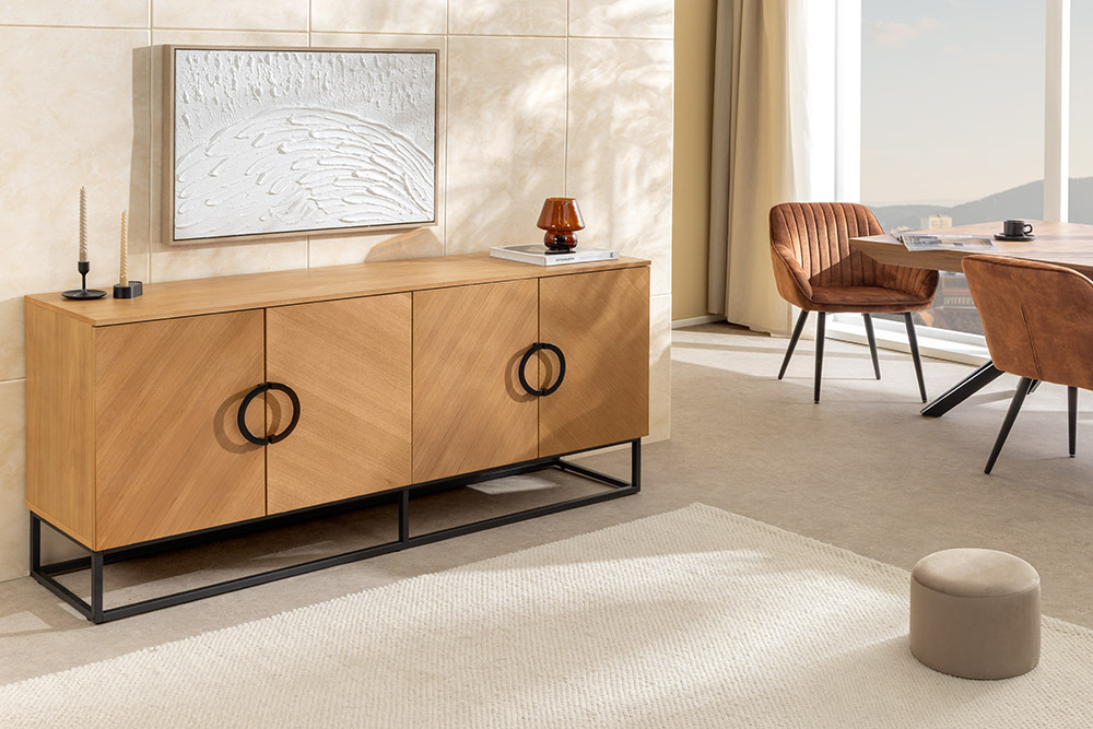 Industrial Sideboard GRANDEZZA 180cm natur Eiche schwarz Metall viel Stauraum