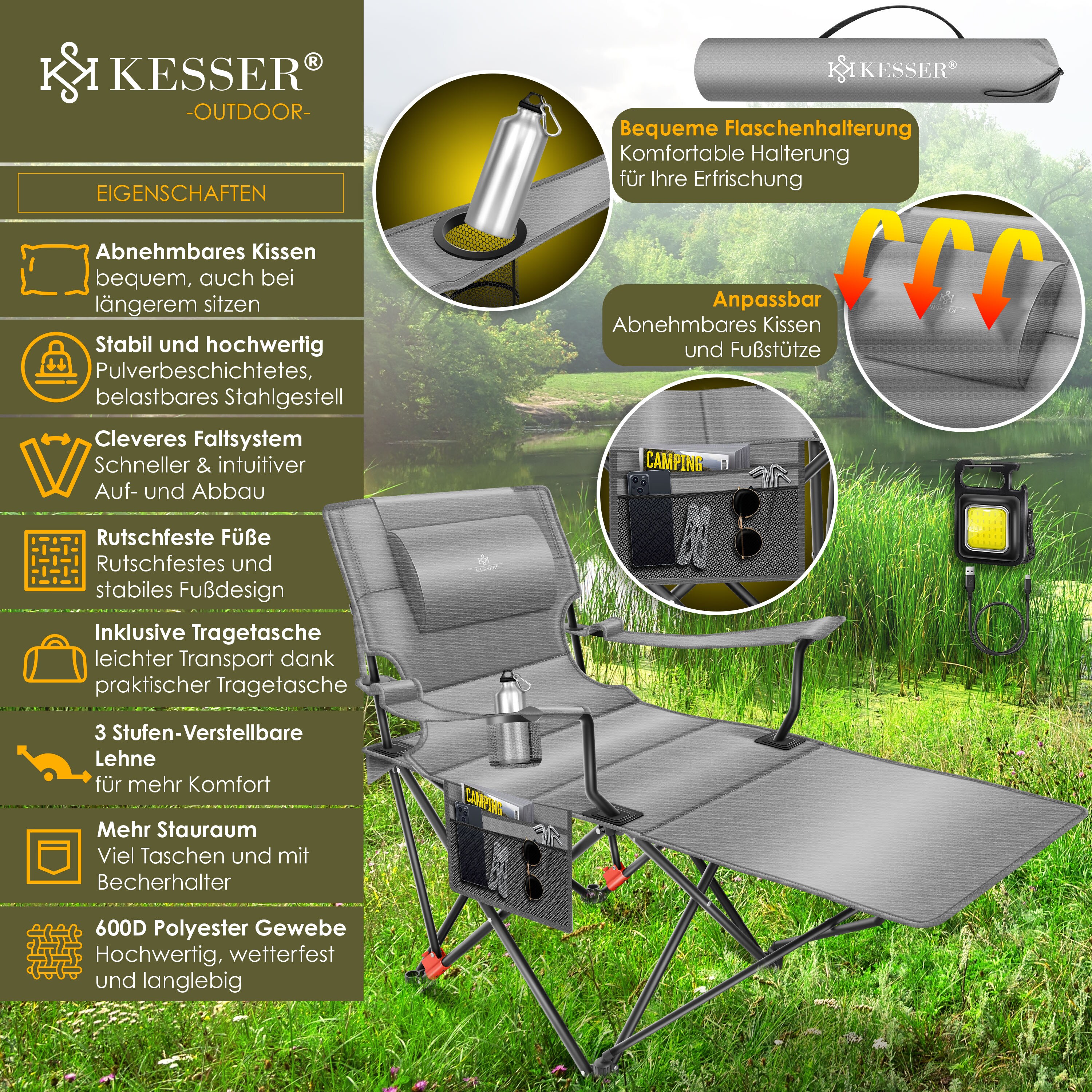 KESSER® Campingliege Campingstuhl 2in1 bis 160kg | Feldbett klappbar | Campingbett faltbar extra breit | Campinglicht & Getränkehalter + Aufbewahrungstasche & Transporttasche | Angelliege verstellbar