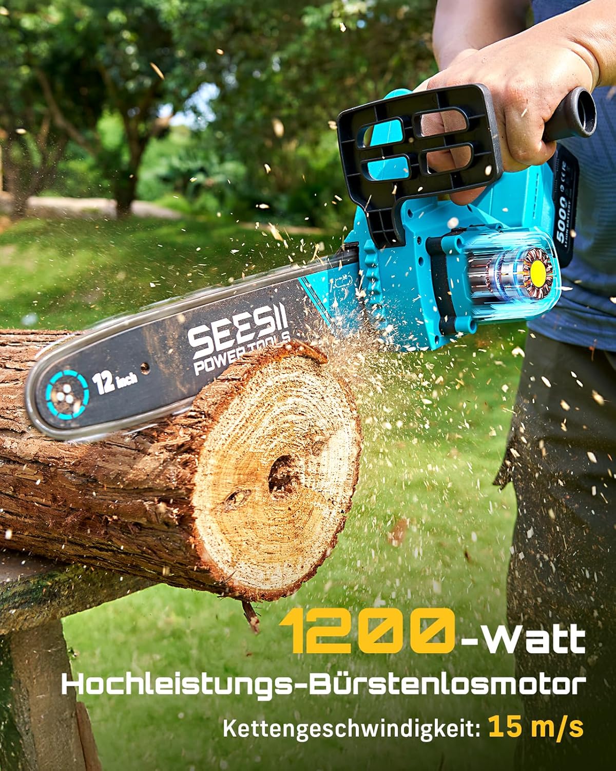 SEESII 12 Zoll Akku Kettensäge mit 2×5.0Ah Akku & Ladegerät, Brushless Elektrisch Kettensäge mit Automatischem Öler & Werkzeugloser Kettenspannung, Holzsäge Elektrisch für Gartenarbeit, Baumpflege