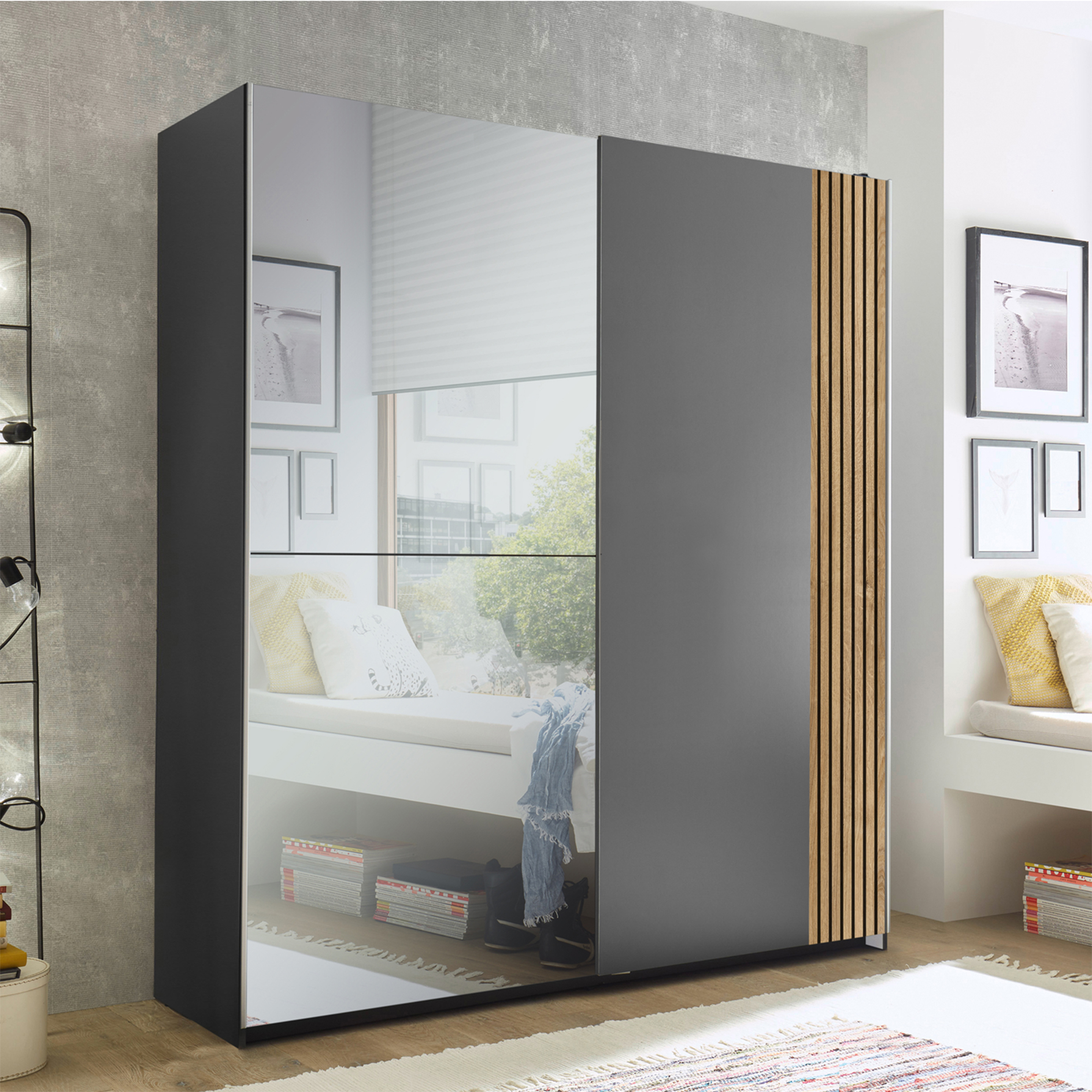 Schwebetürenschrank - graphit-Karlstad Eiche - 2 Kleiderstangen- 170 cm