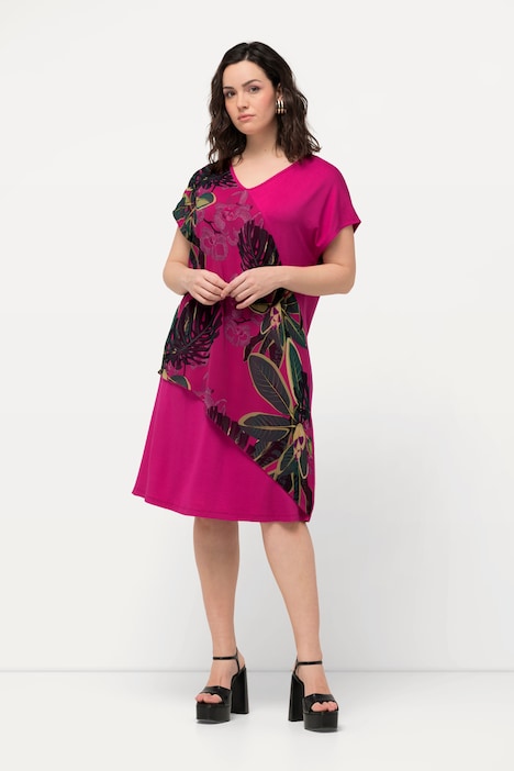 Jerseykleid, Chiffon, Blüten, V-Ausschnitt, Halbarm