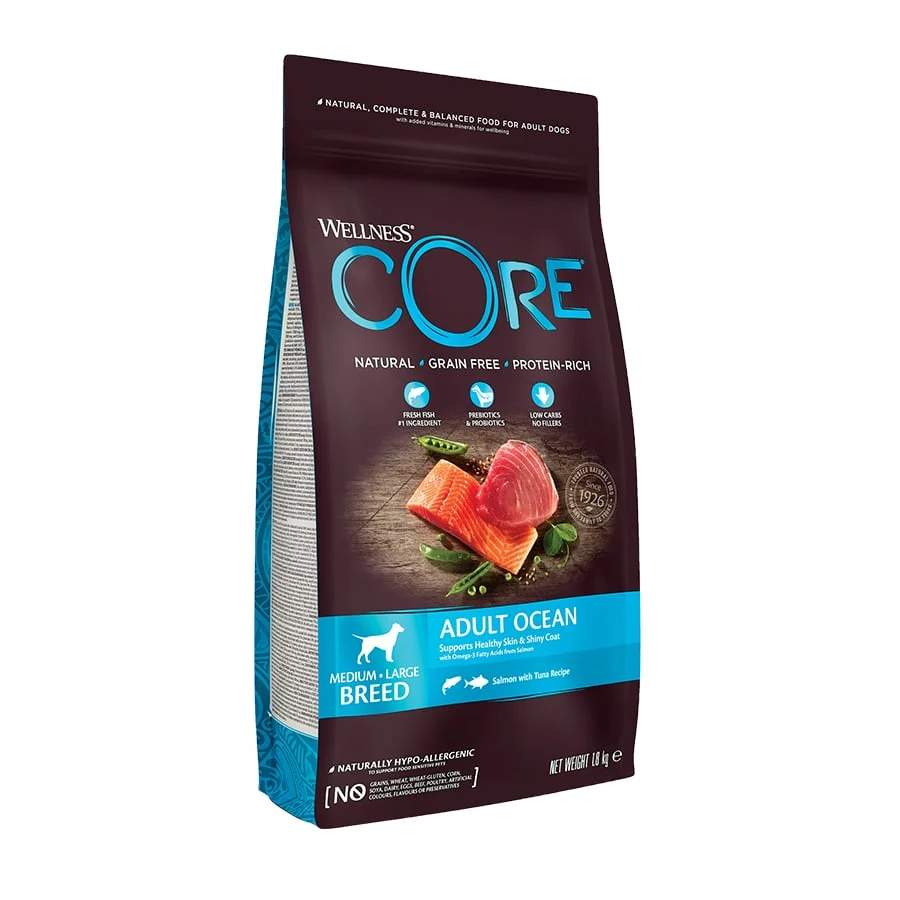 Ração para cães Wellness Core Adult de porte médio/grande, 1,8 kg, sabor salmão e atum do oceano.
