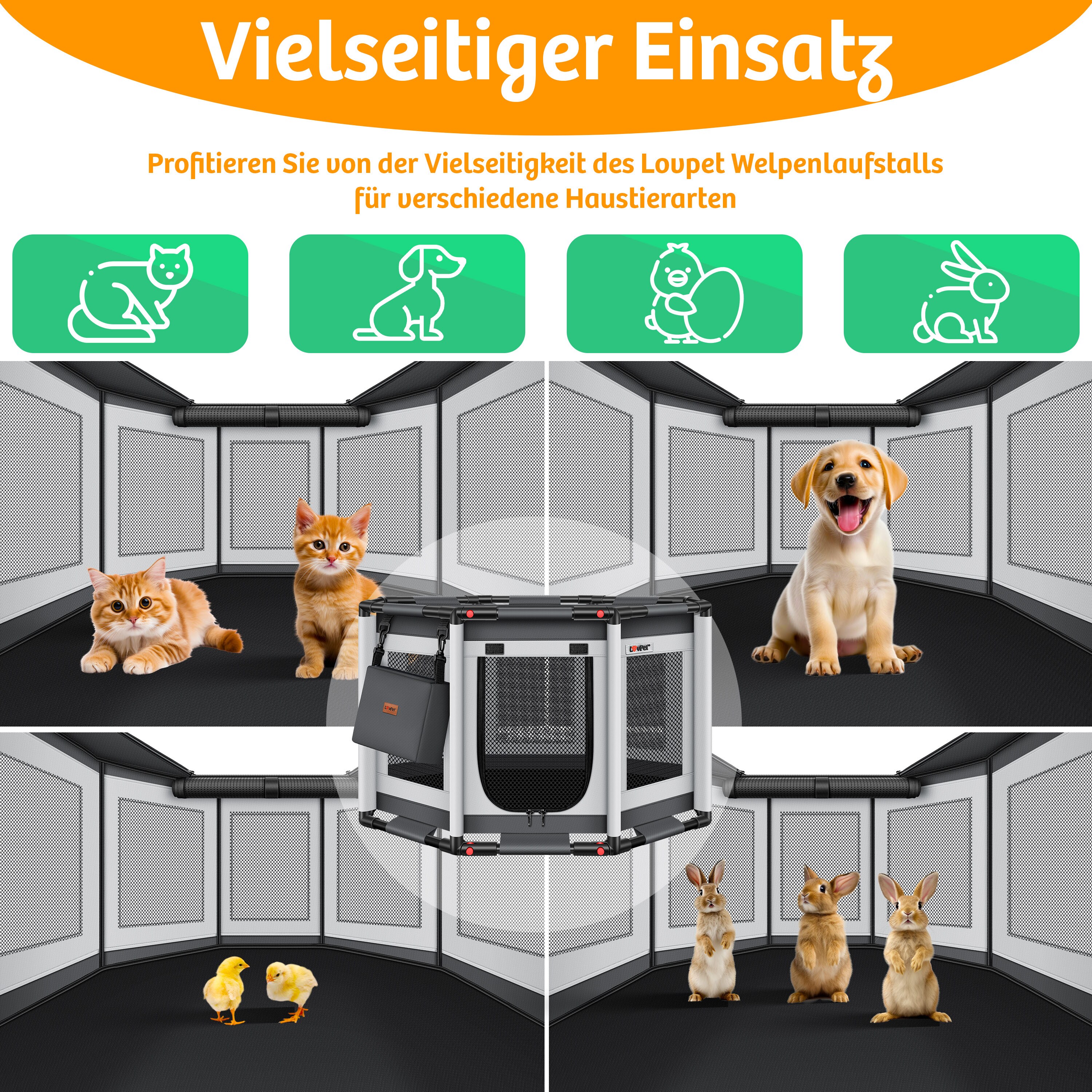 LOVPET® Welpenlaufstall für drinnen & draußen Welpenauslauf Hundekäfig Oxford-Gewebe | Tierlaufstall für Kleintiere Hunde Katzen | Hundelaufstall Freigehege Rahmen aus PVC-Rohren