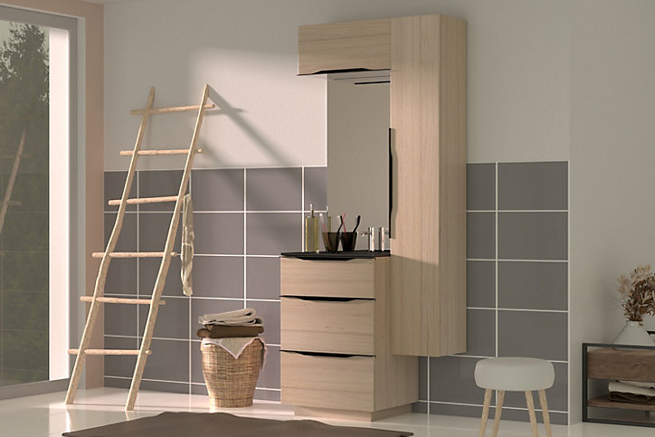 Meuble sous vasque à poser Pamili aspect bois 60 cm + plan vasque en résine noir