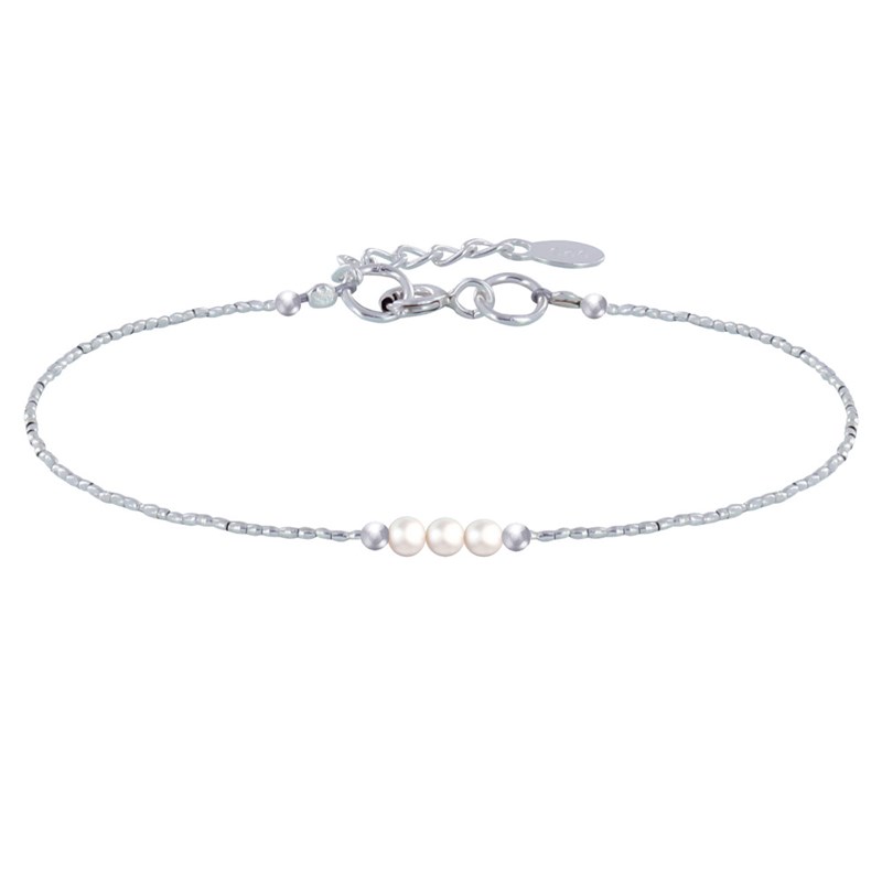 Bracelet Argent Petits Tubes et Trois Perles Blanches