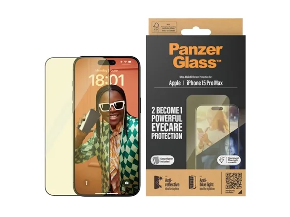 PanzerGlass™ | Ultra-Wide Fit - Skærmbeskyttelse til mobiltelefon - EyeCare Protection | Apple iPhone 15 Pro Max