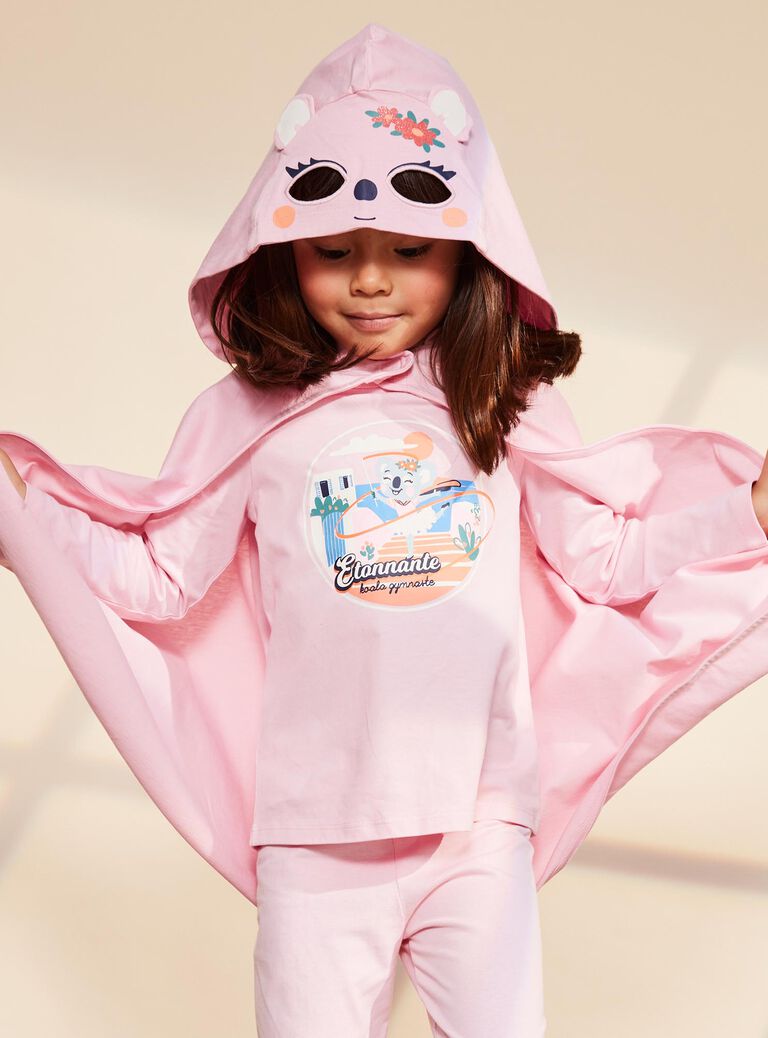 Pyjama deux pièces rose pâle en coton avec cape tête de koala