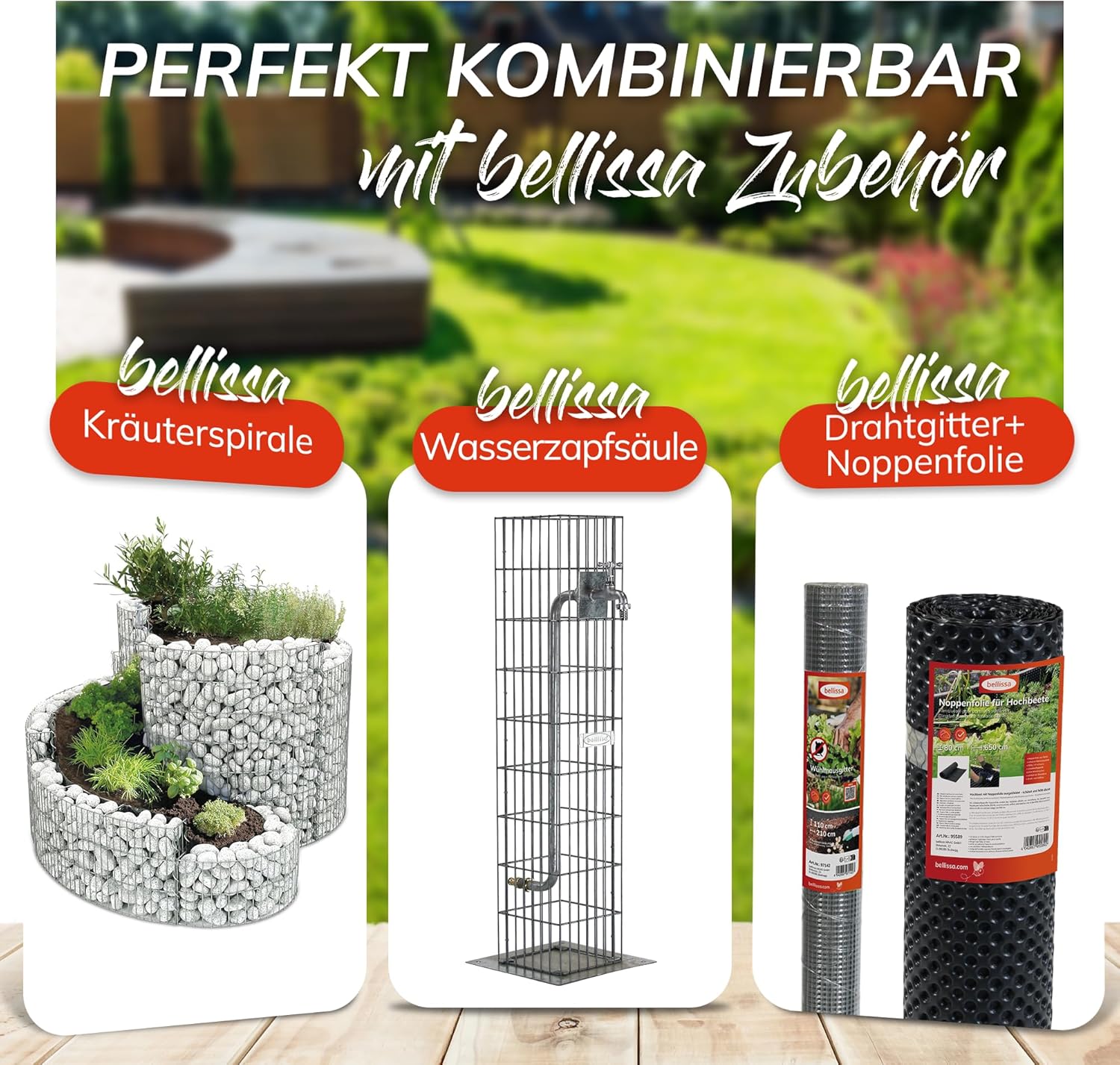 bellissa ‎‎– Gabionen-Hochteich Bausatz mit 490 L Füllvolumen rund 146x146x40 cm – Garten Zubehör DIY-Kit mit Gabionen, Teichfolie und Trenn-Vlies - Wetterfest & langlebig für Zierteiche & Biotope