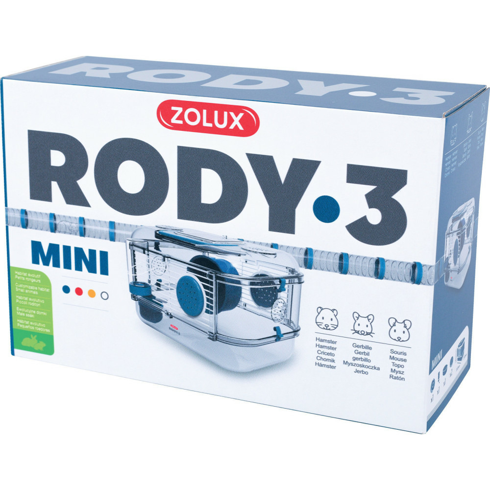 Cage mini rody3. Couleur bleu. Taille 33 x 21 x 18 cm h. Pour rongeur.