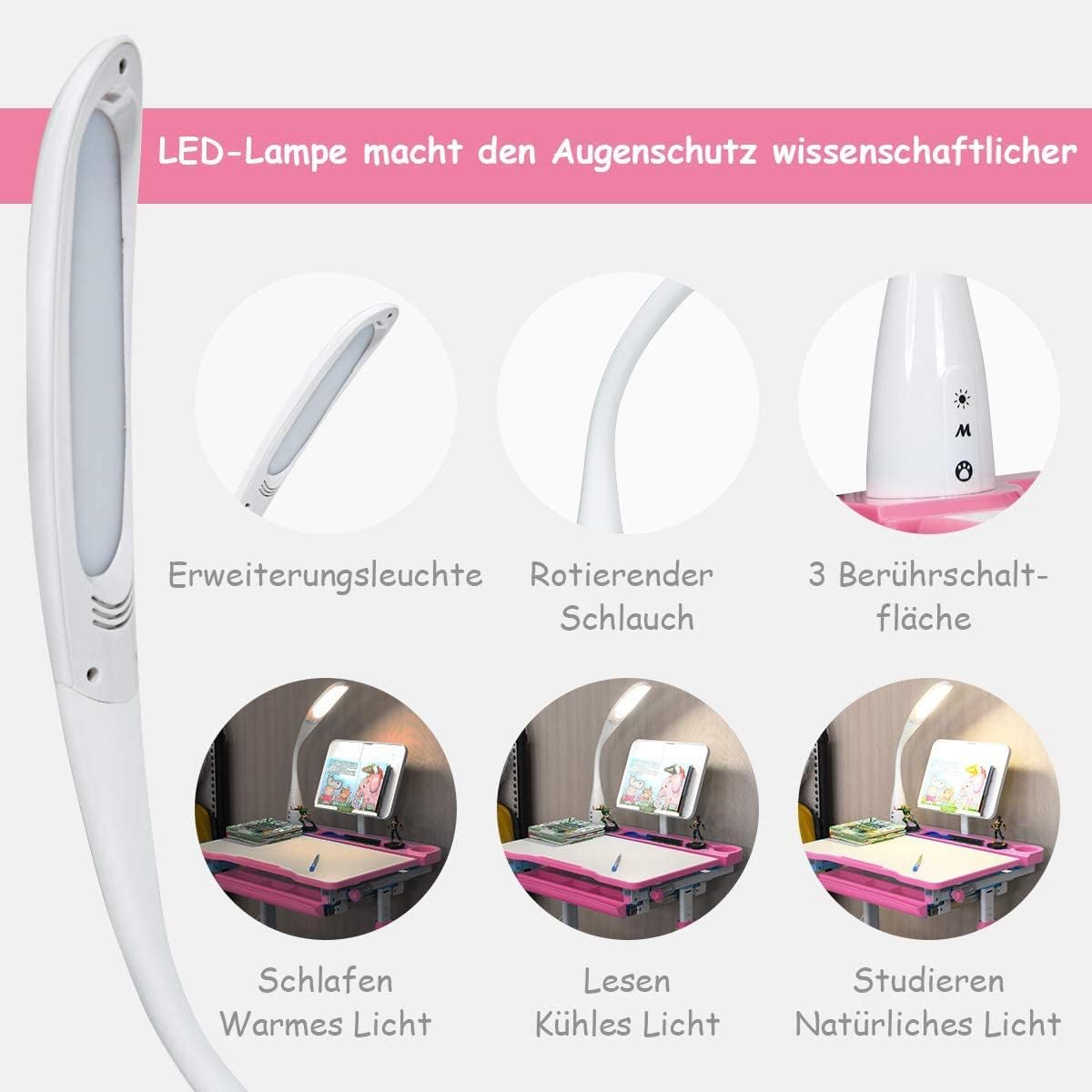 COSTWAY Kinderschreibtisch höhenverstellbar, Schülerschreibtisch mit Lampe, Kindermöbel neigungsverstellbar, Kindertisch mit Stuhl, Schreibtisch mit Schublade, Farbewahl (Hellrosa)