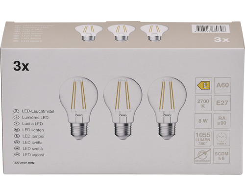 3x LED Lamp A60 E27/8.0W (75W) 1055 lm 2700 K warm wit helder 3 stuks