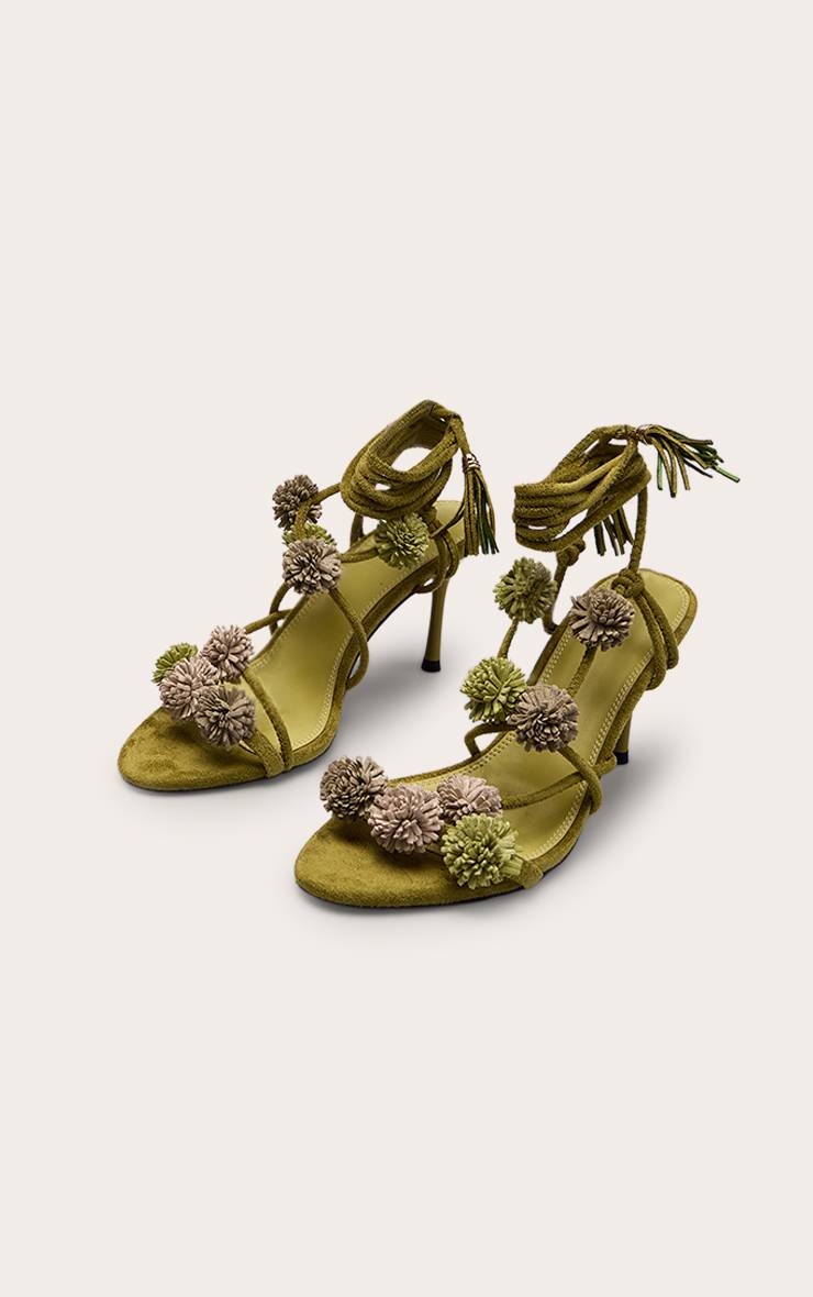 Vert Olive Sandales À Talons En Synthétique Avec Pompons Et Lacets