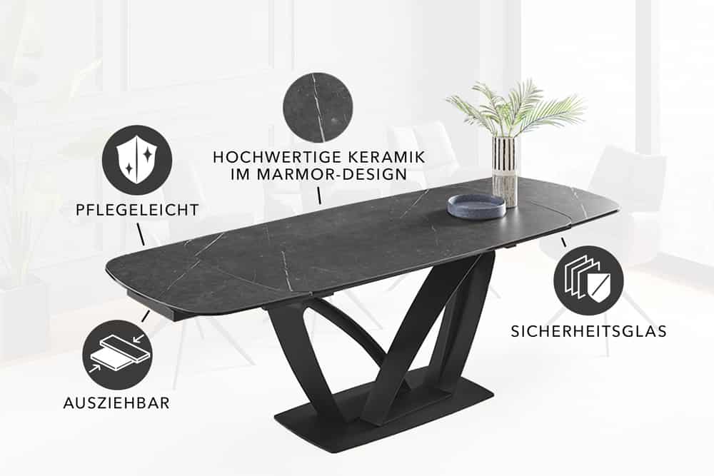 Ausziehbarer Esstisch PAPILLON 180-260cm graphit Keramik Marmor schwarz Metall