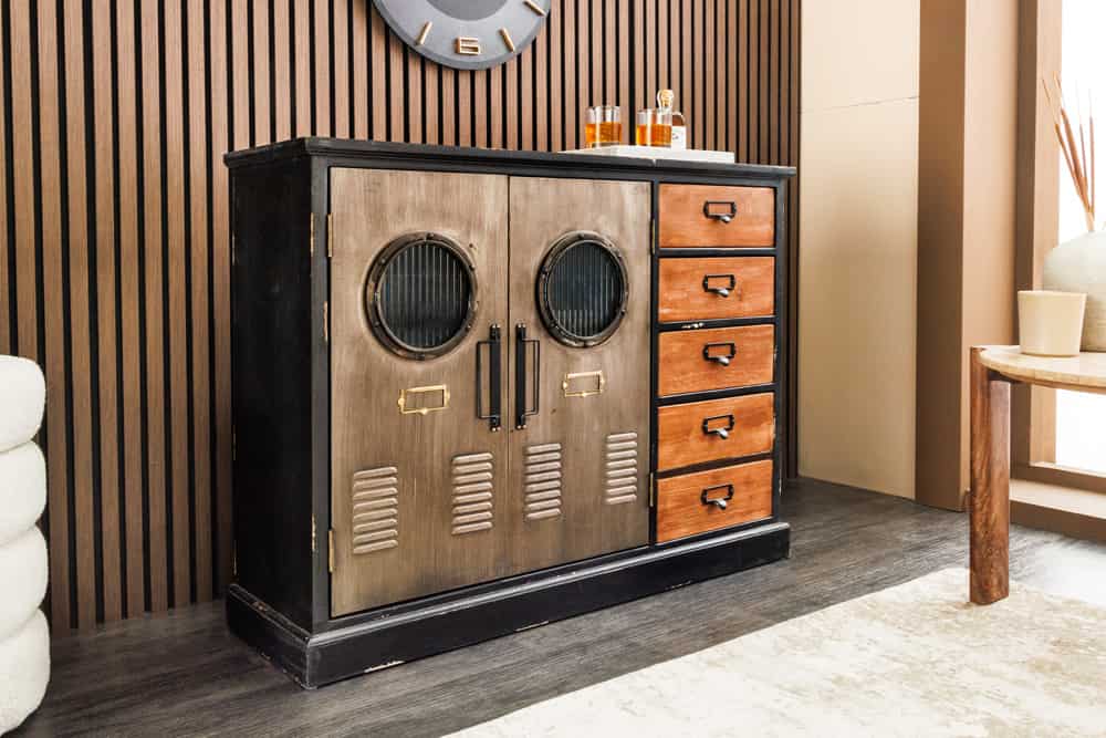 Industrial Sideboard NAUTILUS 105cm braun schwarz grau Pinienholz Metall Vintage-Look