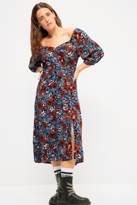 Midikleid, A-Line, Print, herzförmiger Ausschnitt, 3/4-Ärmel