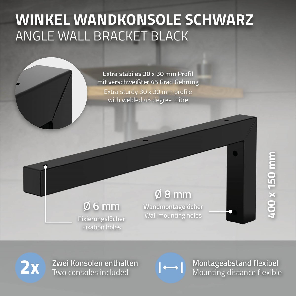 ML-Design 2-delige set L-vormige wandconsoles voor wastafels, 400x150 mm, zwart staal, design wastafelconsole, wandbevestiging voor wastafelblad, planchetconsole, planchethouder