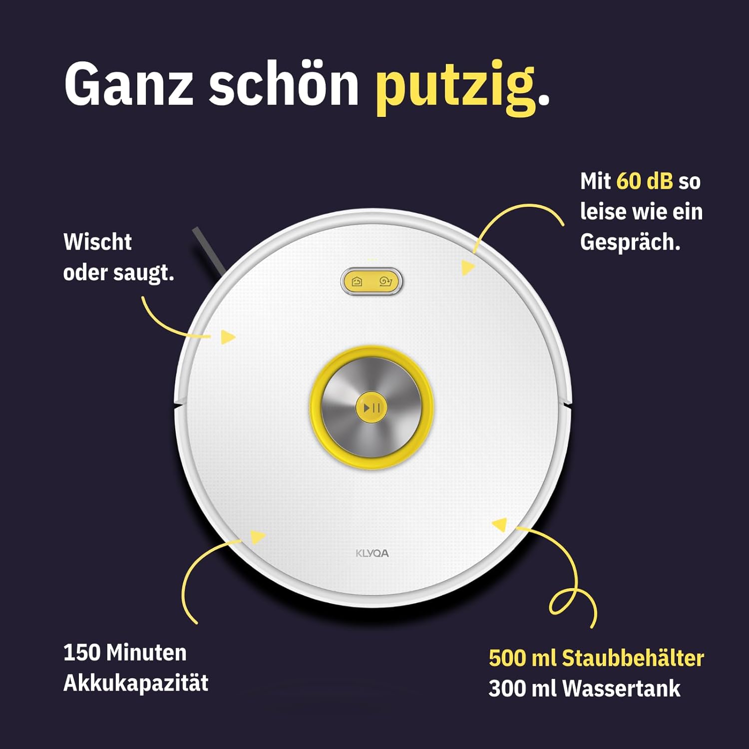 Klyna Saugroboter mit Wischfunktion I Staubsauger Roboter leise 60dB I 2200Pa Saugkraft I Smart Home App steuerbar I Saug und Wischroboter nur 7cm hoch I 150Min Akkulaufzeit I Server in DE