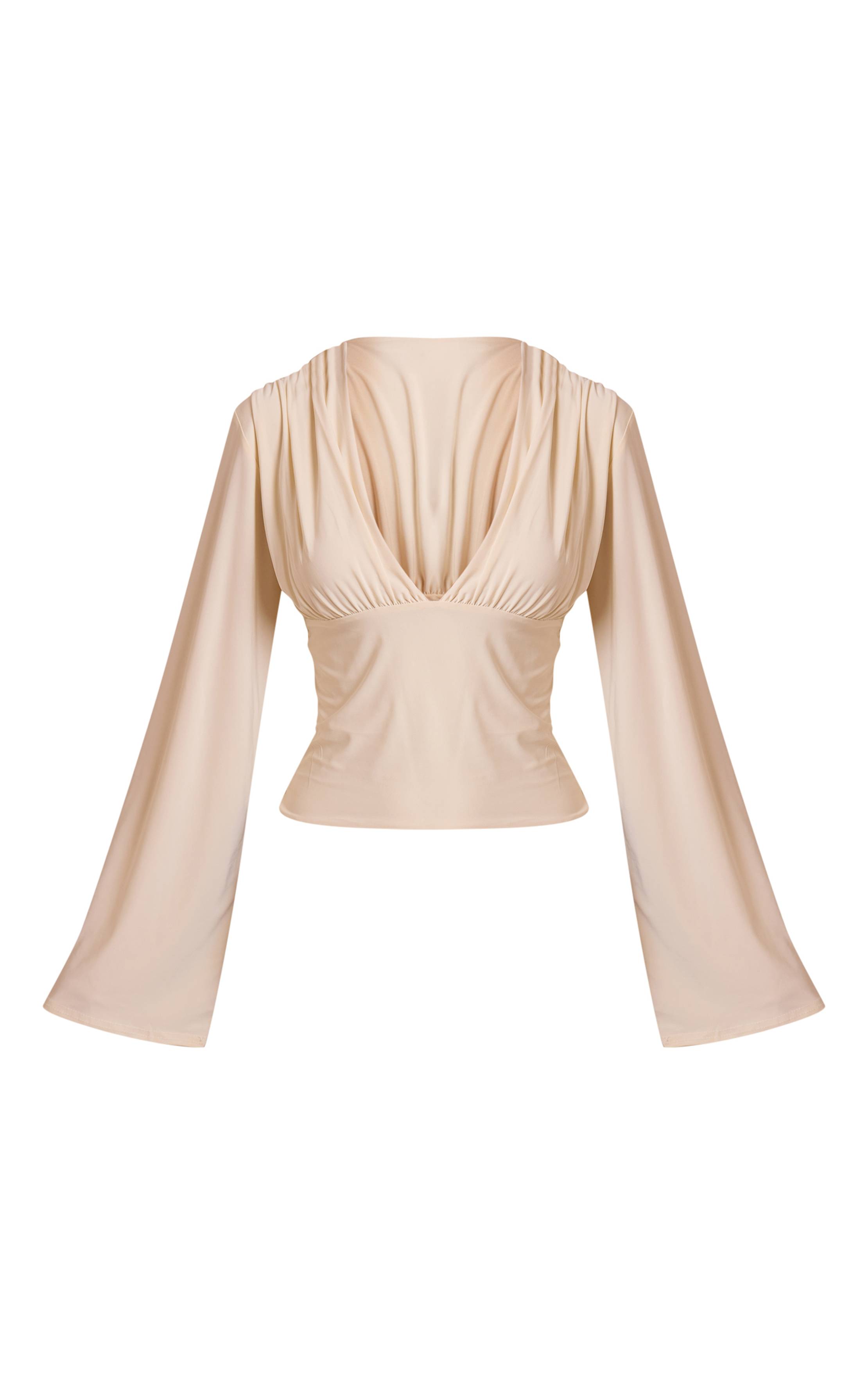 Crème Haut Long À Manches Longues Drapé Plongeant Double Couche En Tissu Slinky