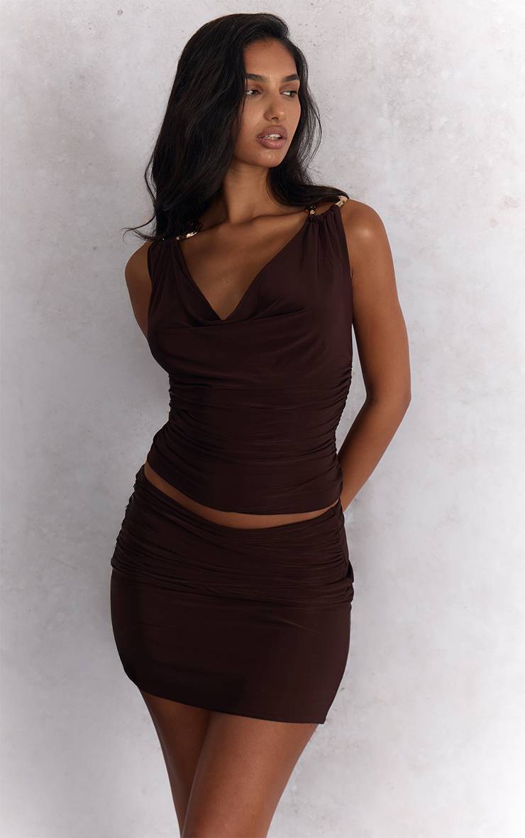 Marron Foncé Ensemble Jupe Courte Portefeuille En Tissu Double Slinky