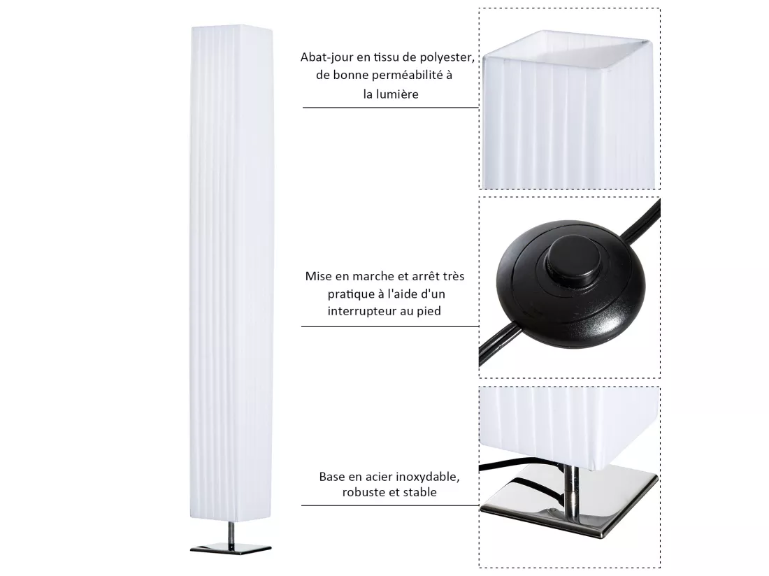 Lampe lampadaire colonne sur pied moderne lumière tamisée 40 W 14L x 14l x 120H cm inox blanc