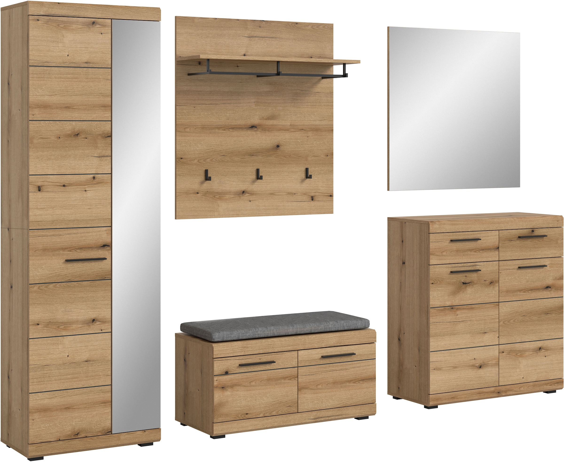 INOSIGN Garderoben-Set »SIENA, Breite 272 cm, 6-tlg., individuell stellbar, inkl. Sitzkissen« Komplett-Set, Garderobenschrank, Sitzbank, Sitzkissen, Paneel,Schuhschrank & Spiegel, 5 Stk. tlg.
