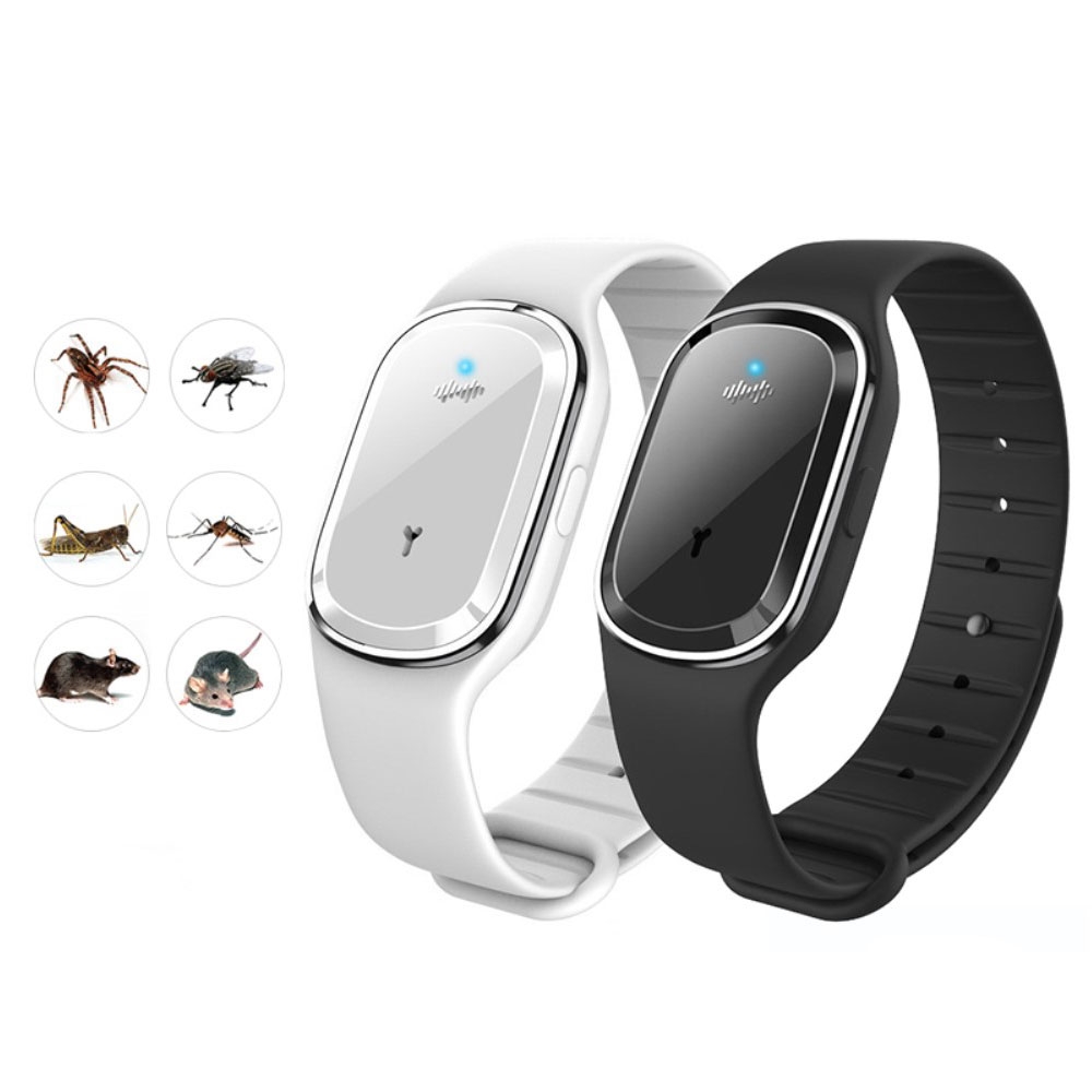 3-Stufen Ultraschall Anti Moskito Insekten / Mücken Schutz Silikon Armband USB Repellent - Weiss