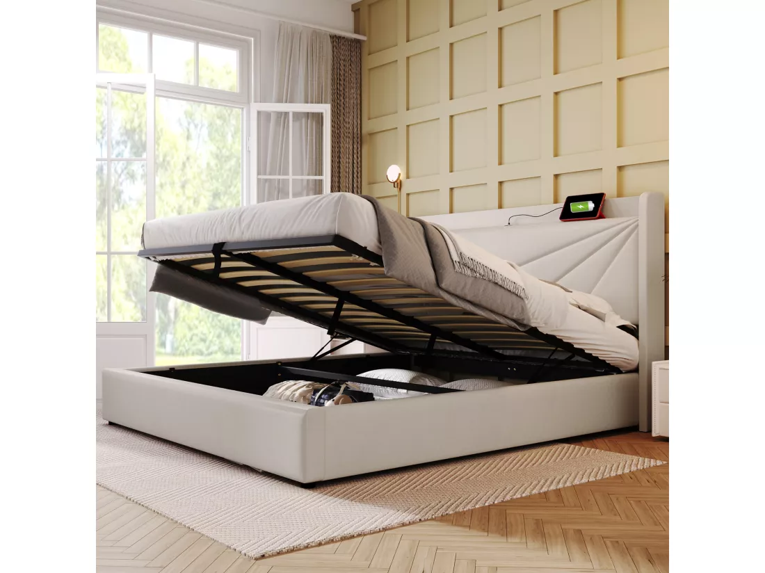 Lit coffre 160 x 200 cm - USB + type C - tissu en lin - beige