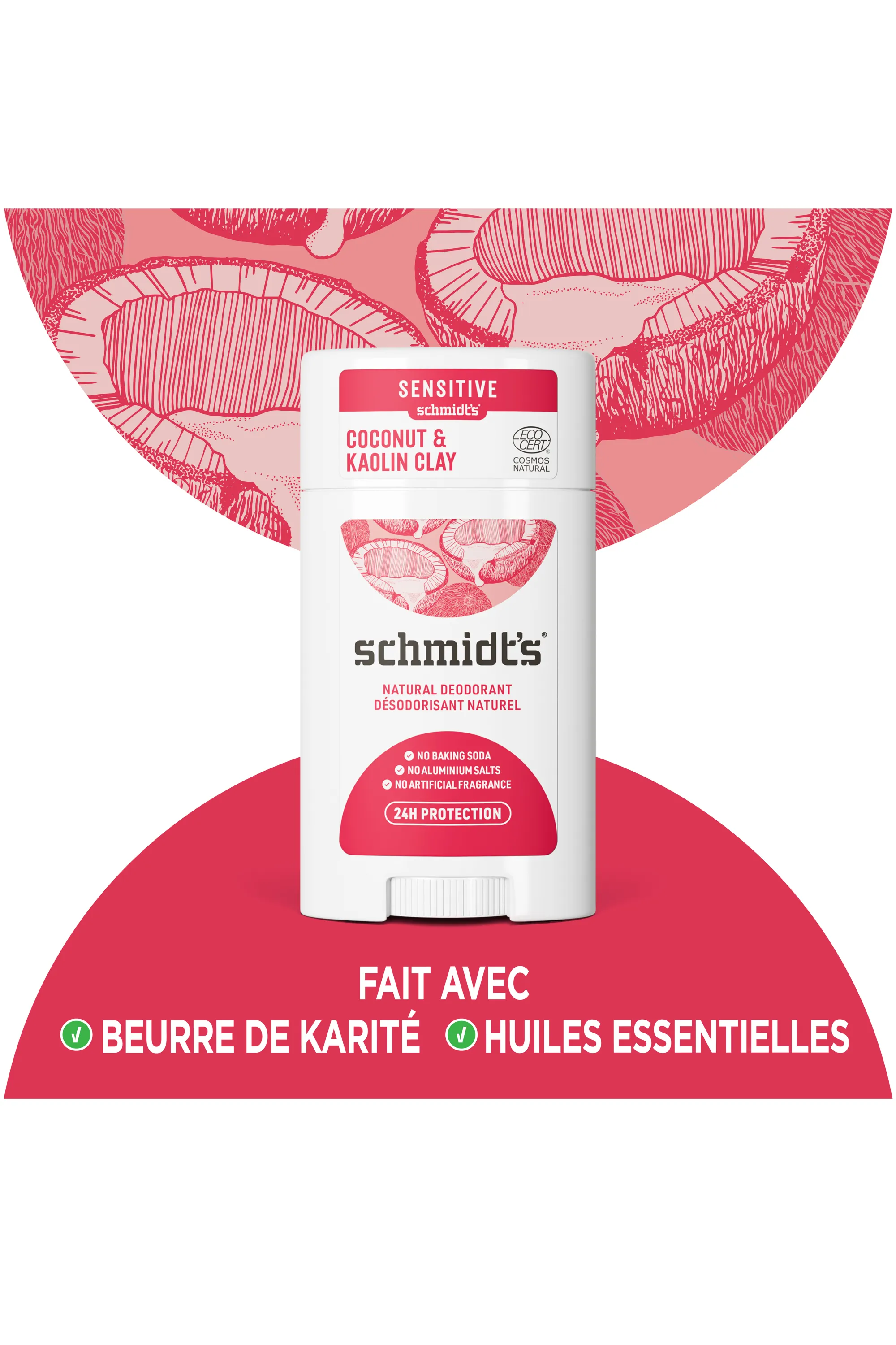Schmidt’s Déodorant stick peaux sensibles argile et noix de coco-58 ml