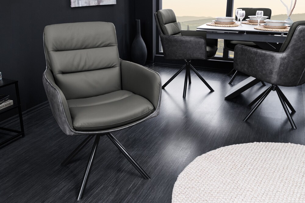 riess-ambiente Stuhl BIG GEORGE - grau Echtleder Microfaser mit Armlehne schwarze Metallbeine Drehbarer