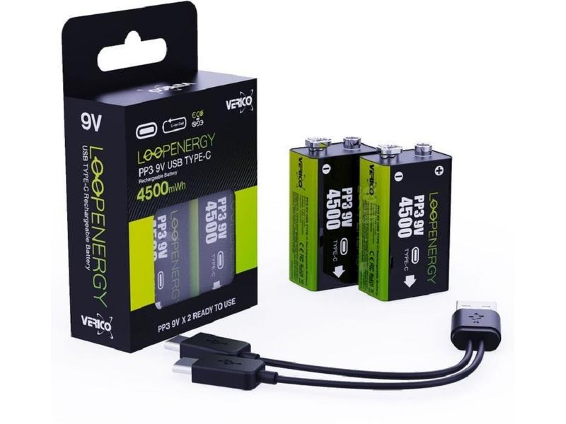 Verico Akku PP3 Li-Ion 9V E-Block mit USB-C 500 mAh, 2 Stüc 9V-Akkus mit USB-C-Ladeanschluss