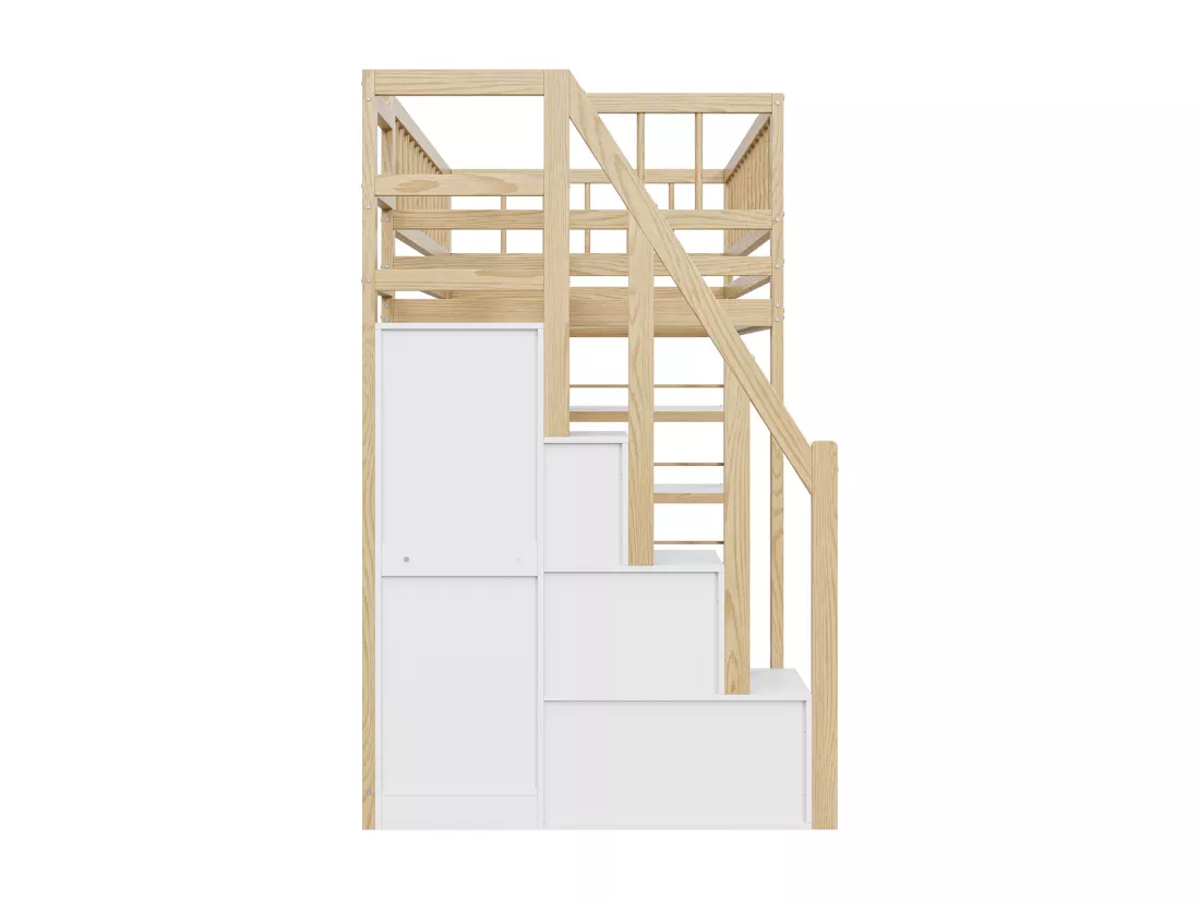 Lit superposé pour enfants 90 x 200, barrières hautes, avec armoire, échelle de sécurité, couleur bois d'origine