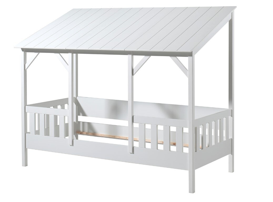 Hausbett mit 90 x 200 cm Liegefläche, Dach in Weiß