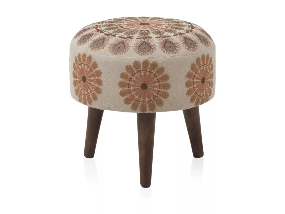 Pouf tapissé avec pieds en bois couleur lin