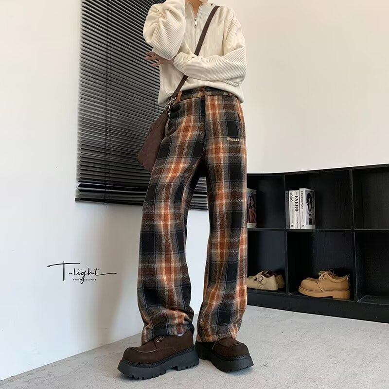 Cowpow - Geruite broek met rechte pijpen en elastische taille