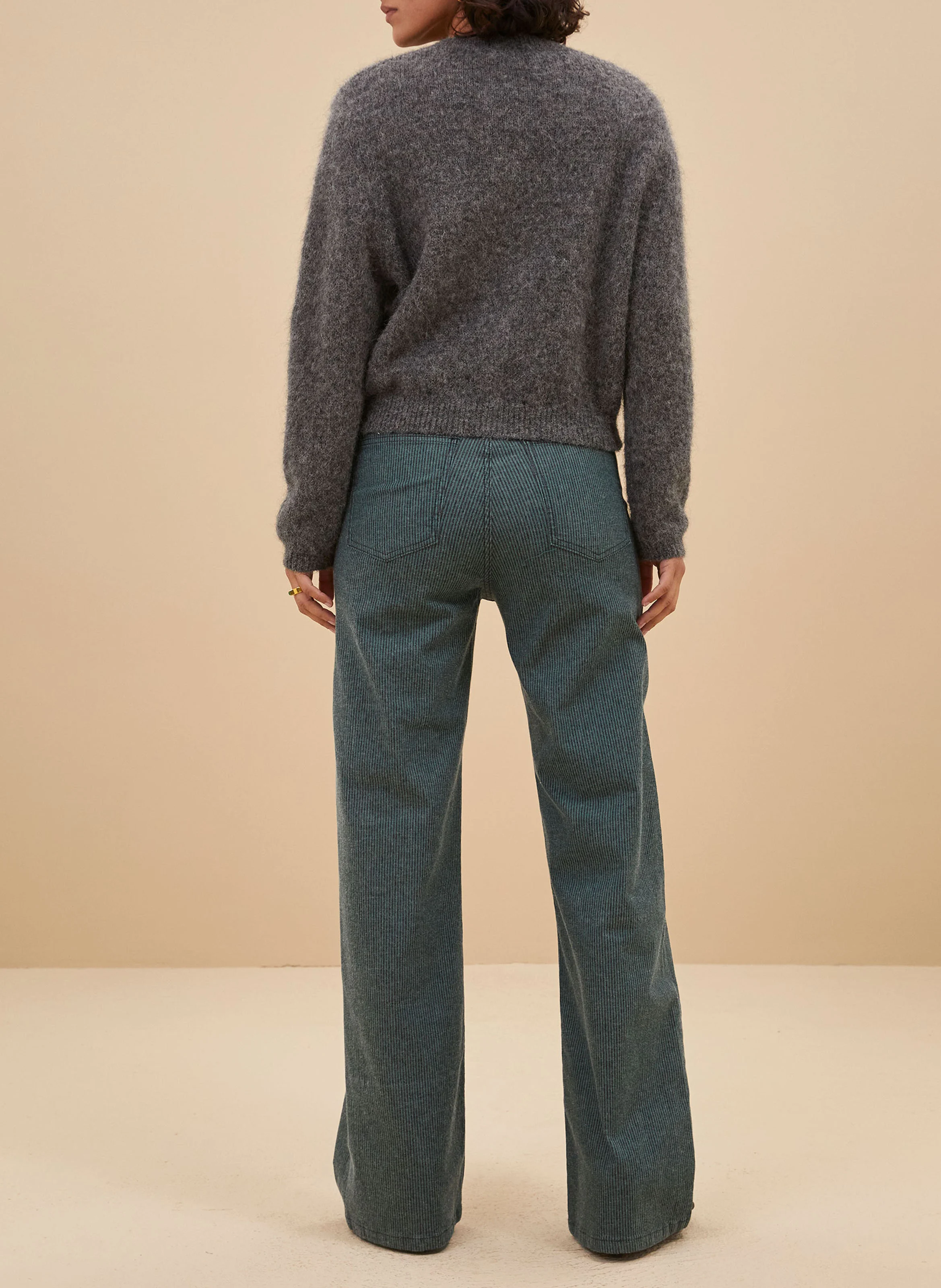 LINA - Pantalon large rayé en coton mélangé | Vert