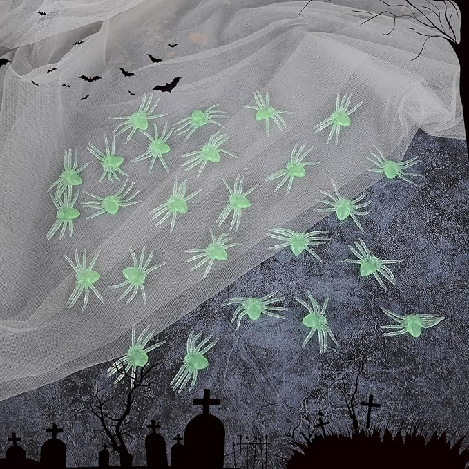 (50er Set) Fluoreszierende Mini Halloween Deko Spinnen Glow in the Dark Grusel Party Tischdekoration - Grün
