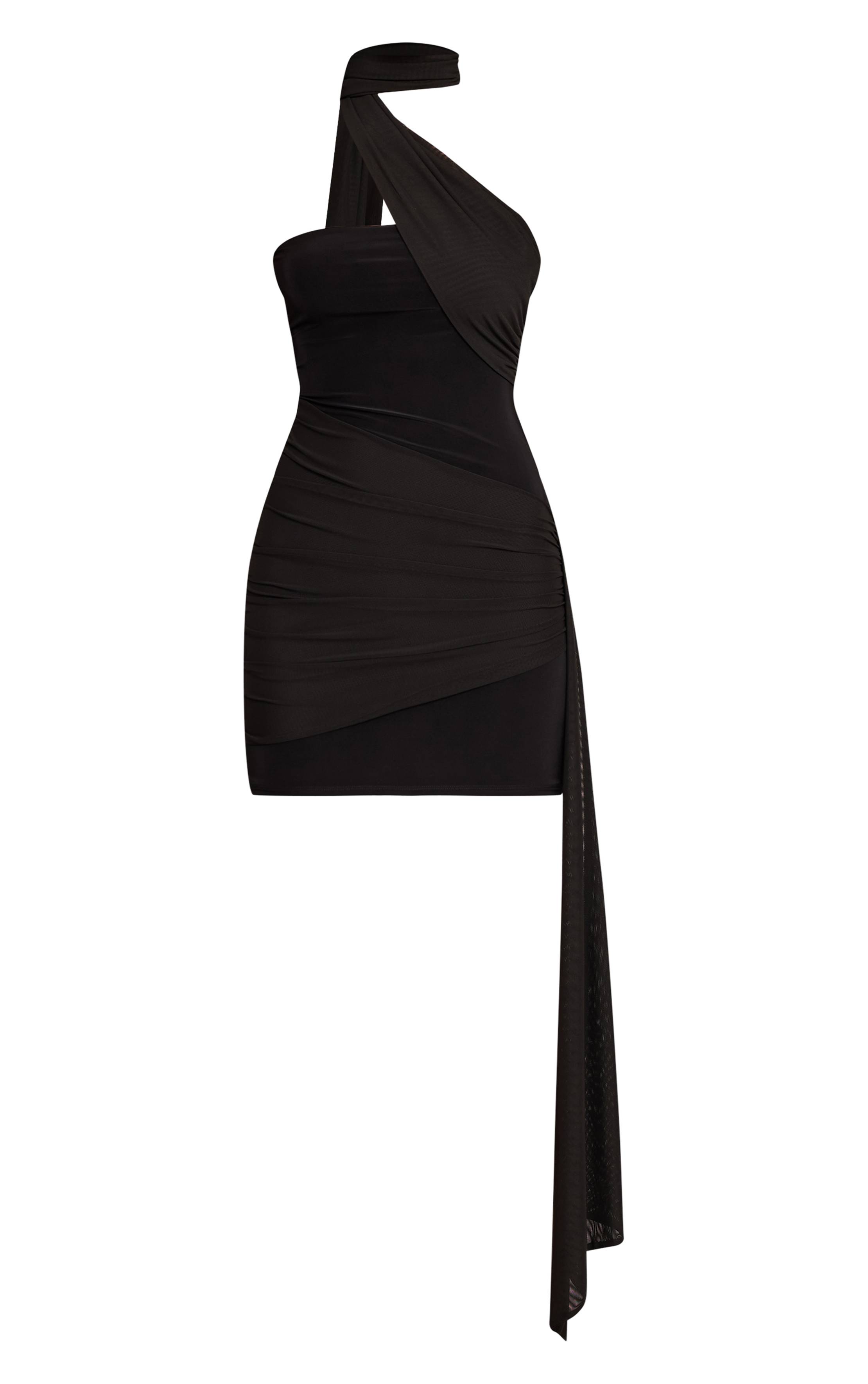 Noir Robe Courte Cache-cœur Drapée En Tissu Slinky