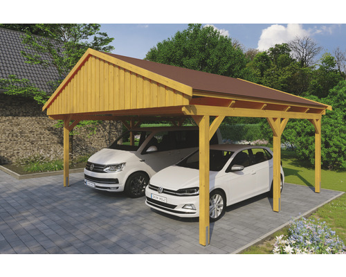 Dubbele carport SKAN, hout, Fichtelberg, inclusief rode dakshingles, 618 x 566 cm, licht eiken
