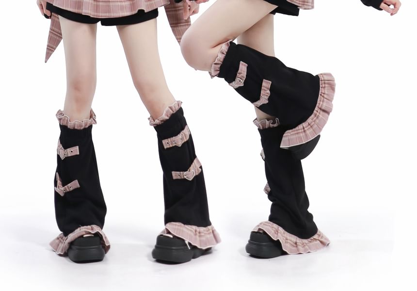 Florimi - Hoge taille geruite skort / strik capuchon hoodie met rits / gespen beenwarmers