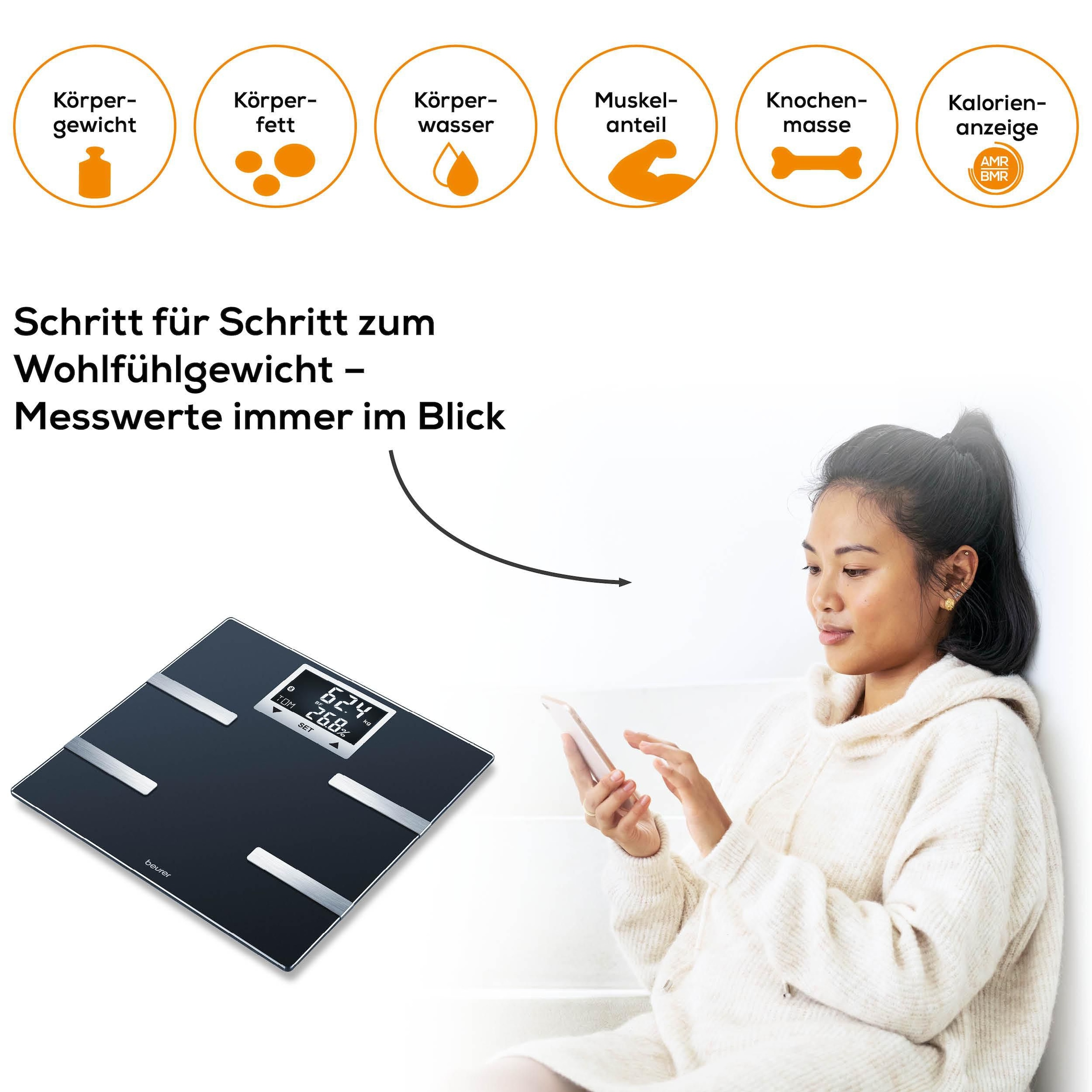 BEURER Körper-Analyse-Waage »BF 720 Messung von Körperfett, Muskelanteil, Kalorienanzeige usw.« Körperanalyse, mit App zur Übertragung und Tracking der Messwerte