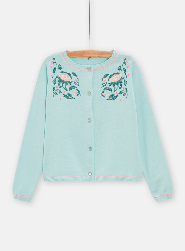 Cardigan vert d'eau à broderies fleuris pour fille