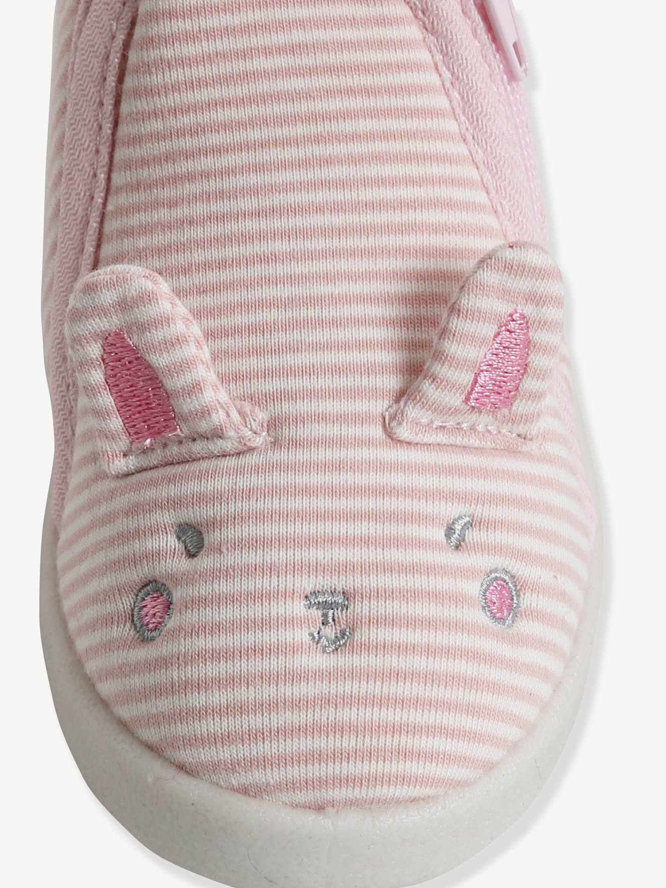 Pantufas de casa de lona listrada rosa para bebê com zíper.