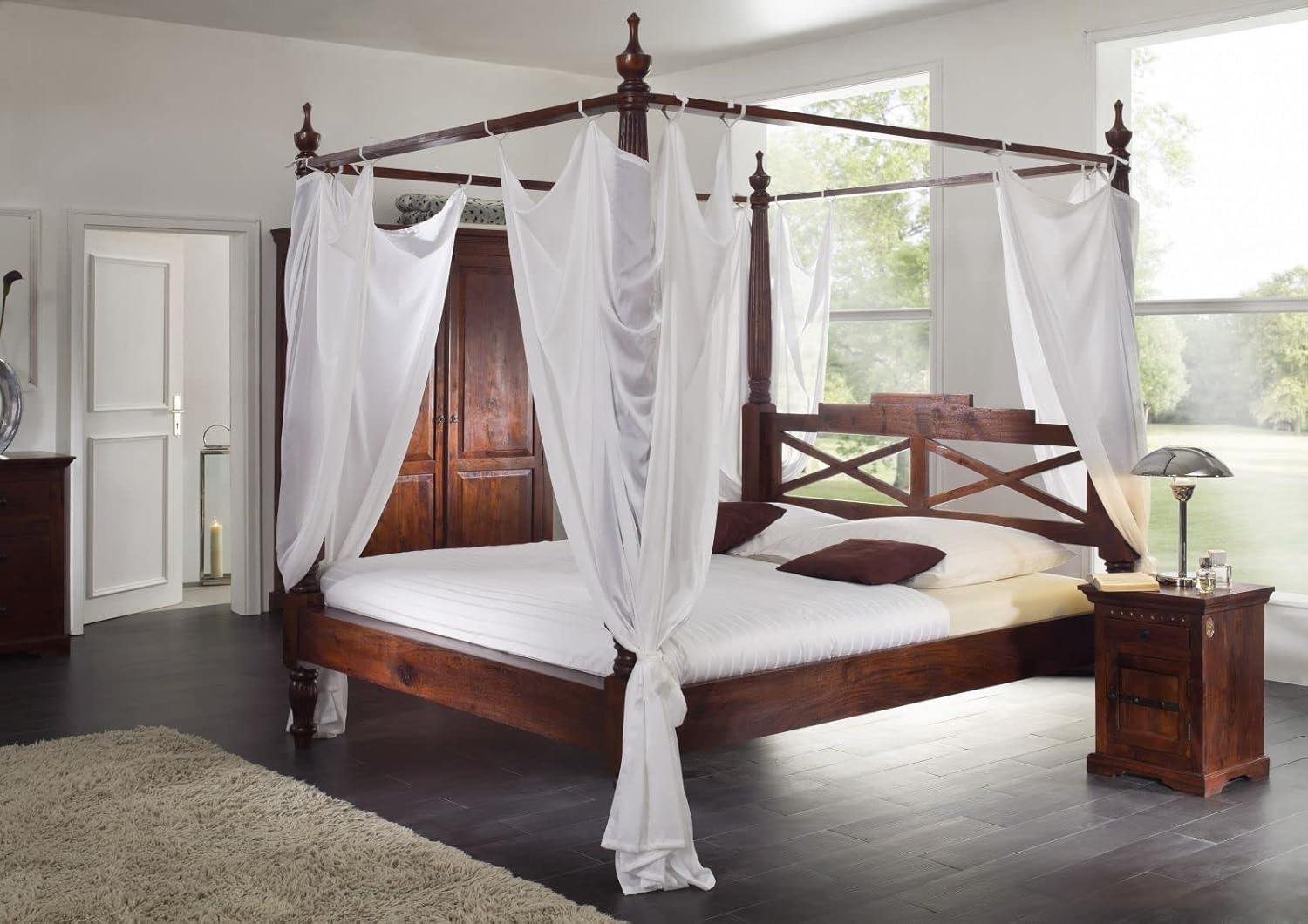 MASSIVMOEBEL24.DE Oxford Himmelbett Akazie 147x221x224, Farbe:Dunkelbraun lackiert