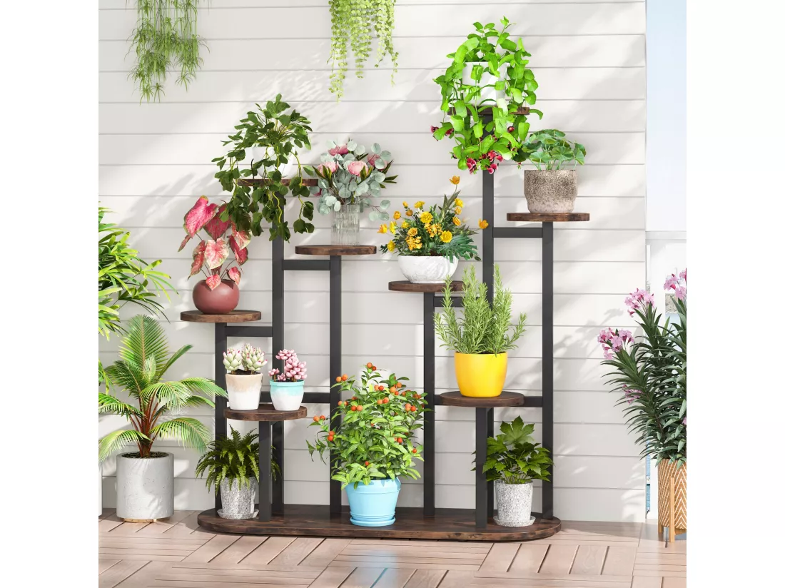 Support de plantes d'intérieur à plusieurs étages pour 11 pots de fleurs, support de rangement pour jardin, balcon, salon, marron rustique