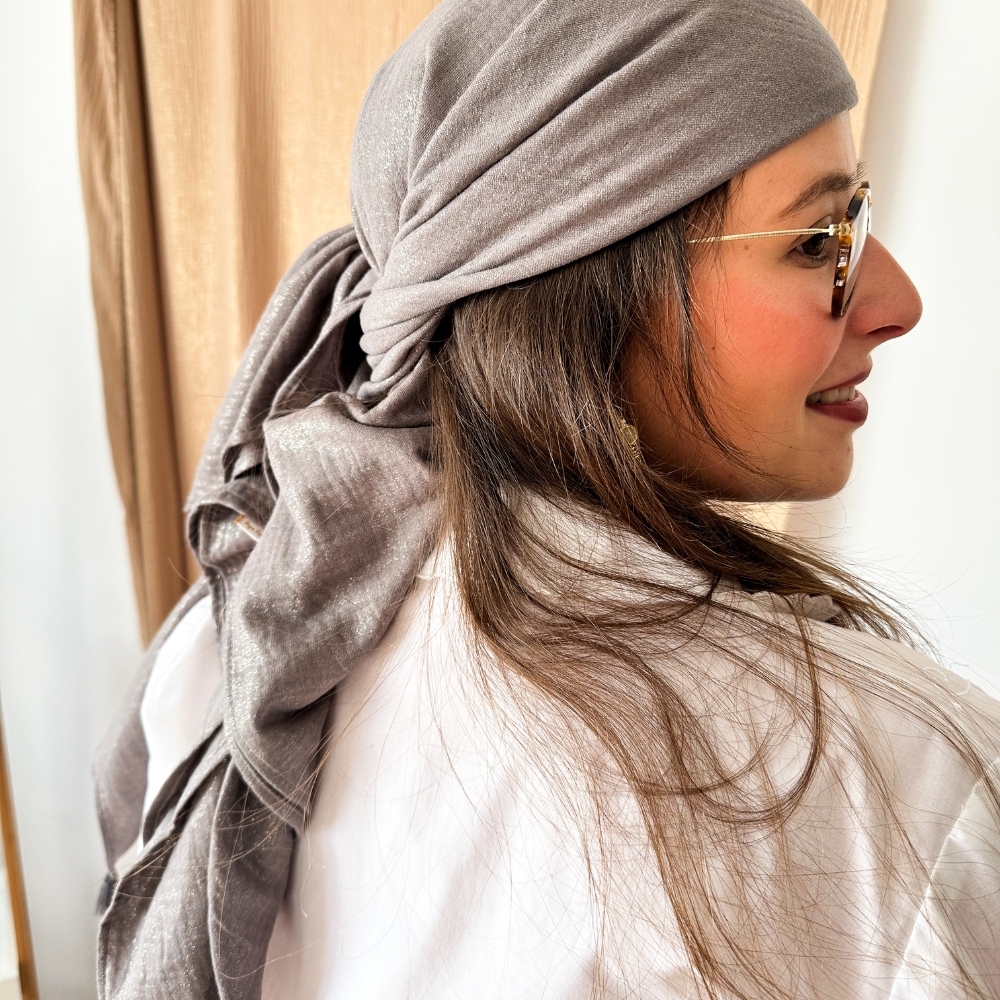 Foulard Pompon Gaze Pailletée Gris Anthracite