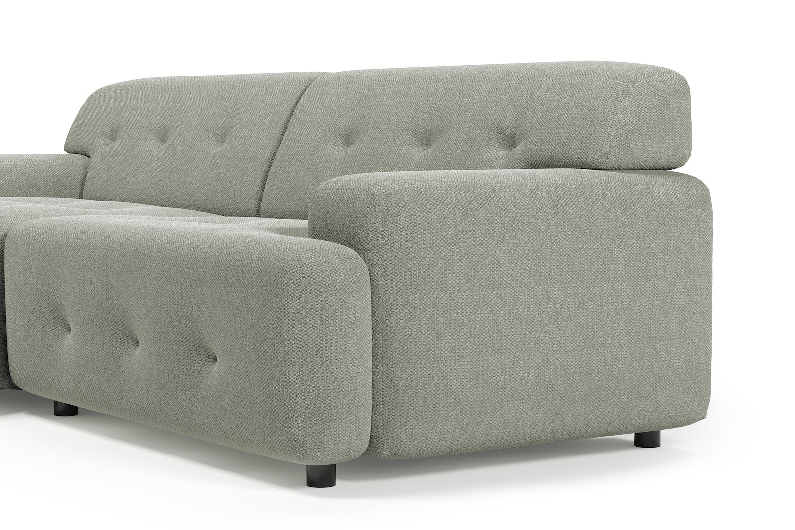 Bob sofa 1,5-seter med sjeselong venstre. Tekstil Mito 180 Light Grey med sorte ben.
