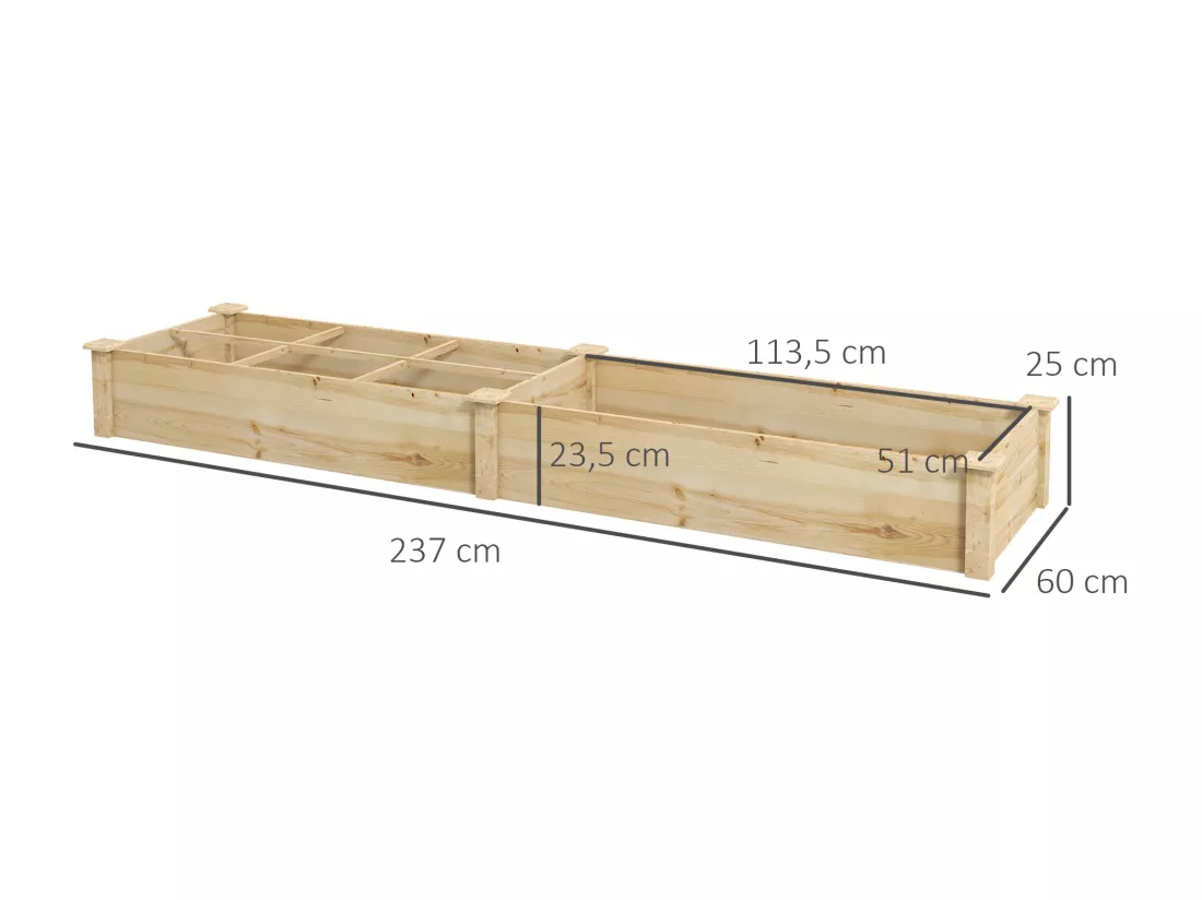 Carré potager de jardin dim. 237L x 60l x 25H cm séparations incluses bois de sapin