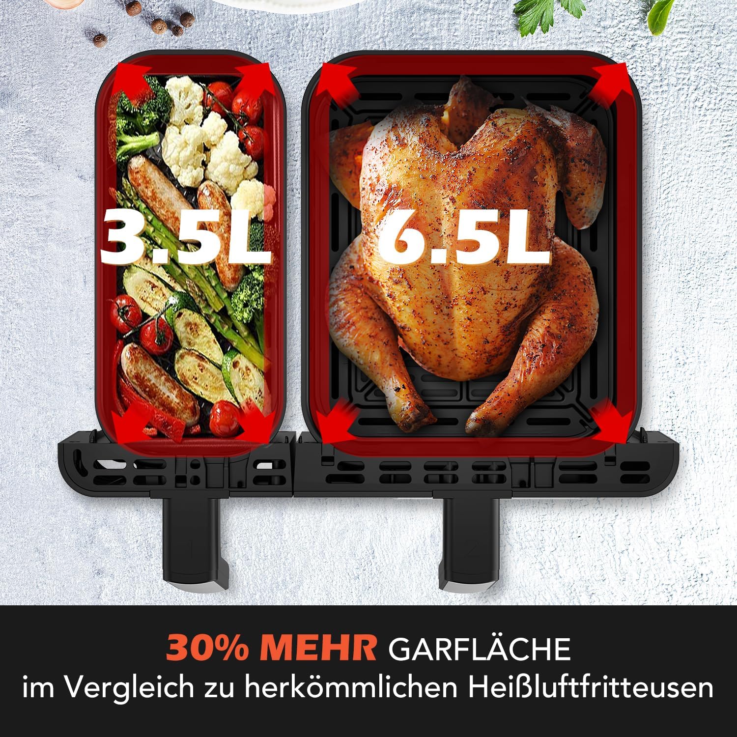 Airfryer Dual Basket 10L 2 Körbe 2 Gerichte Gleichzeitig Fertig Weniger Fett Energieeffizient Einfache Reinigung Airfryer - Digitaler Touchscreen Beleuchtetes Sichtfenster Silber&Schwarz