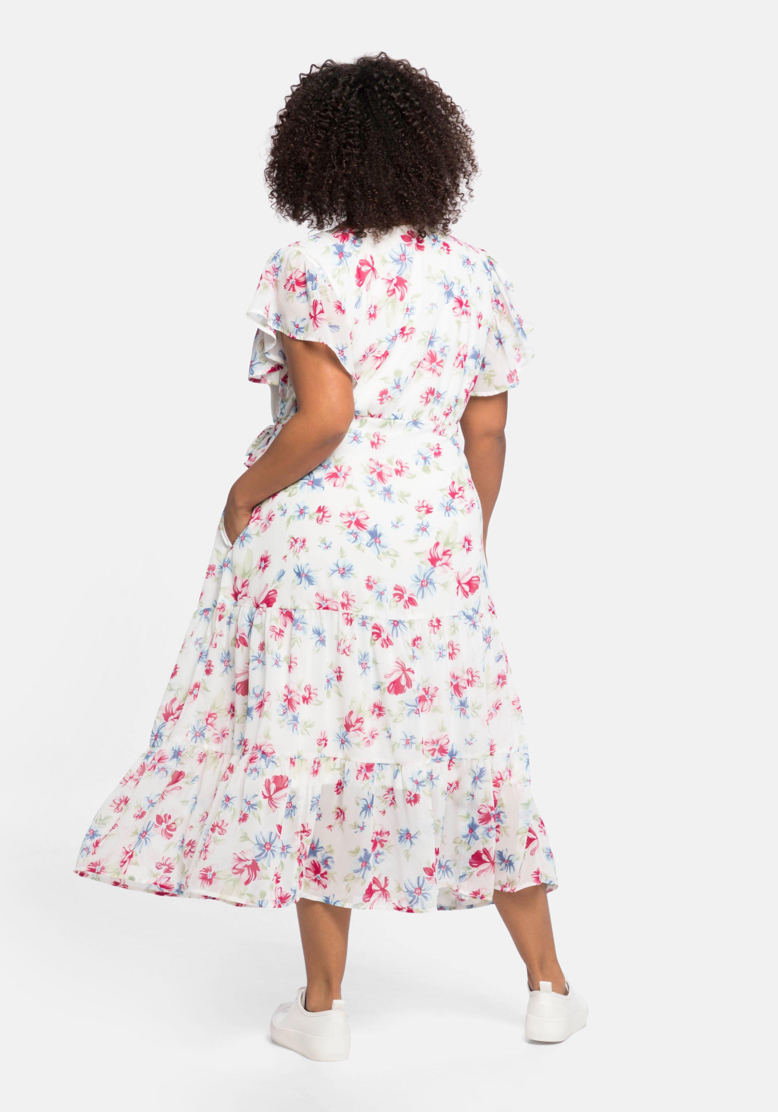 Chiffonkleid mit Blumendruck und Bindegürtel