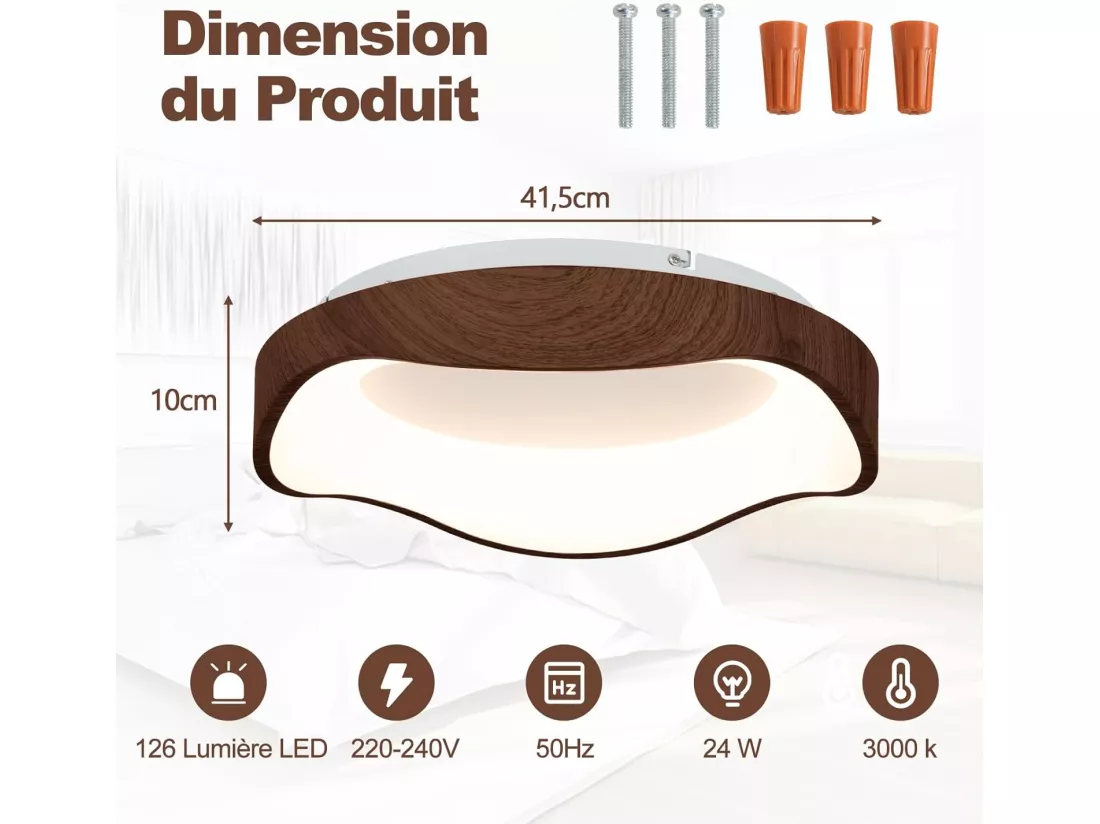 Plafonnier led 24w, éclairage de plafond 3000k à lumière chaude, ø41,5cm, marron